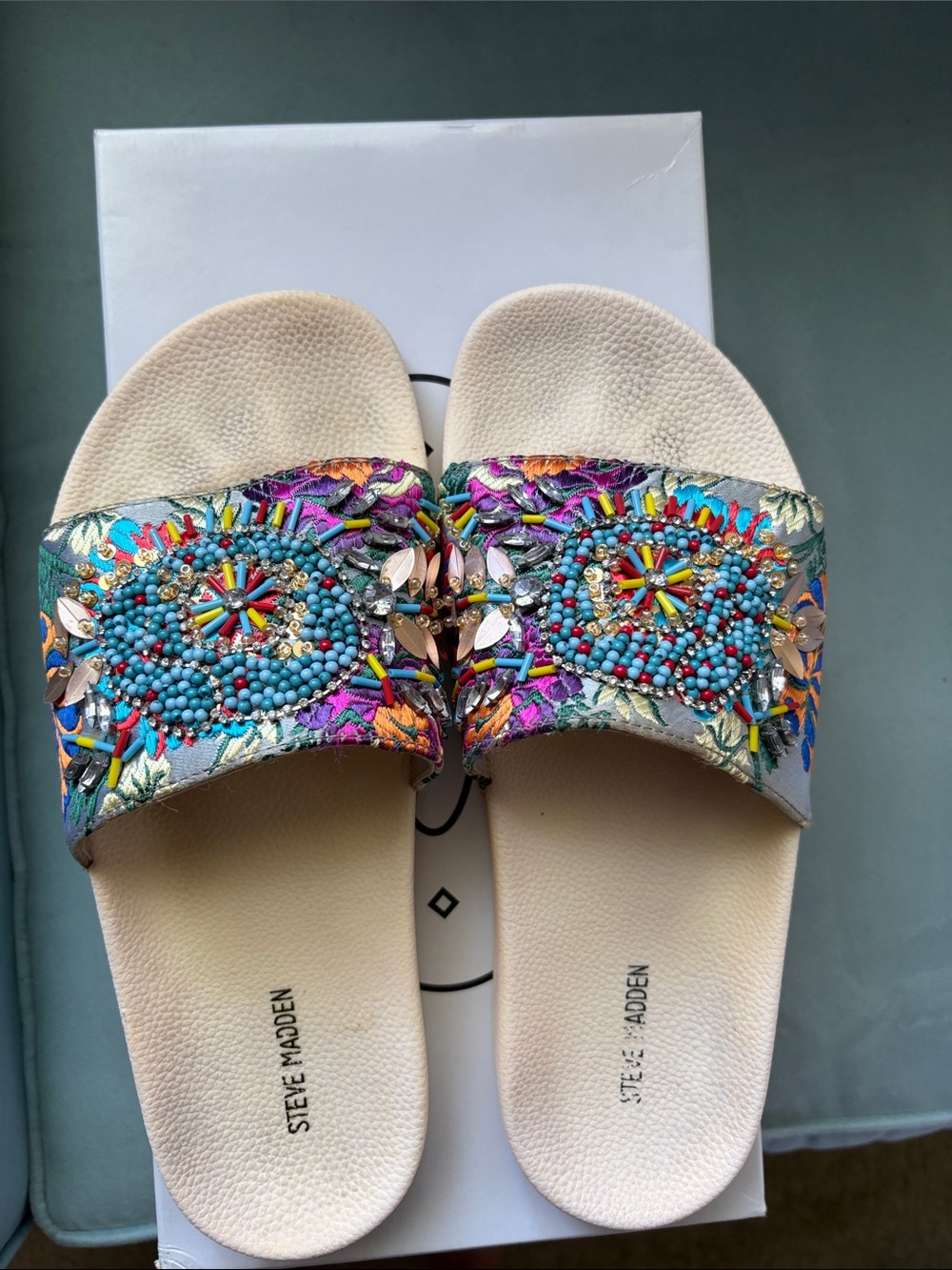 Steve Madden Cream Slides with Multicolor Beaded Embellishment
